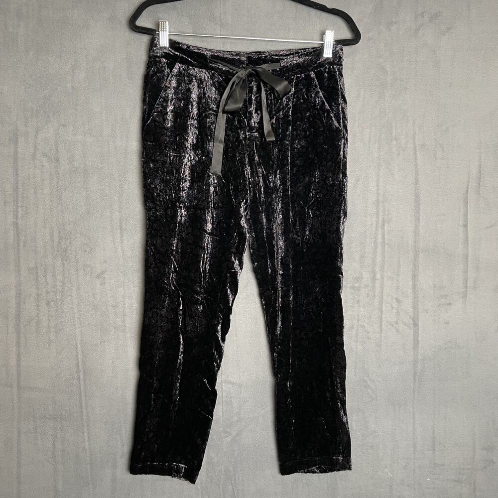 Lucky Brand Pants Womens 2 Black Purple Velvet Floral Tie Waist Tapered Pockets